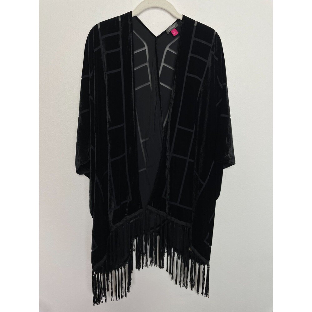 Vince Camuto Small Velvet Knotted Fringe Topper Black 3/4 Kimono Sleeve Rayon